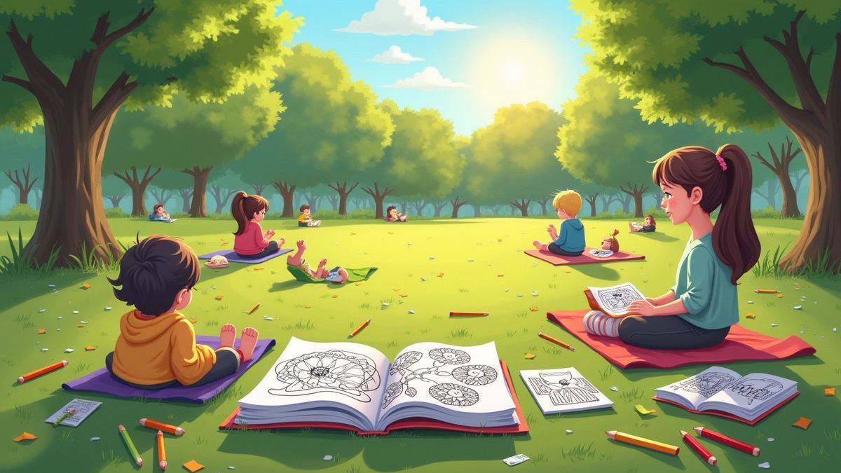 Vrouw in een park met kleurboek en kleurpotloden, genietend van Kleur Dag