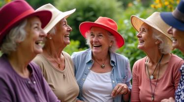 Vrouwen met kleurrijke rode en paarse hoeden vierend in een tuin