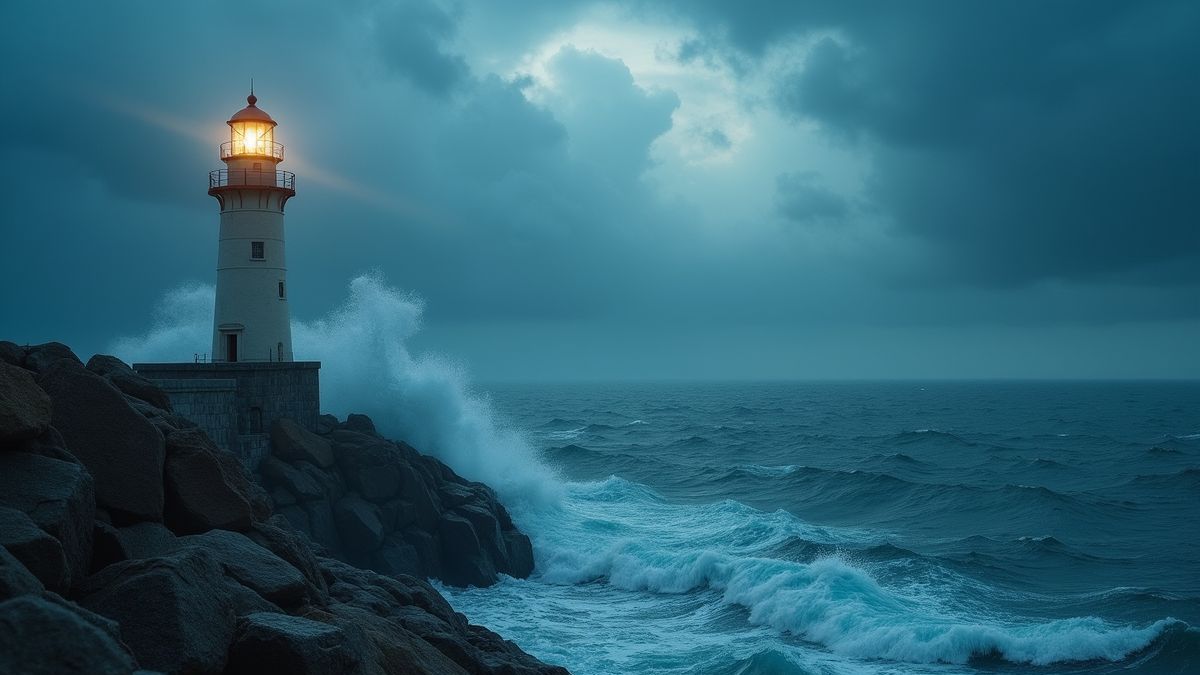 Vuurtoren tijdens een stormachtige zee.