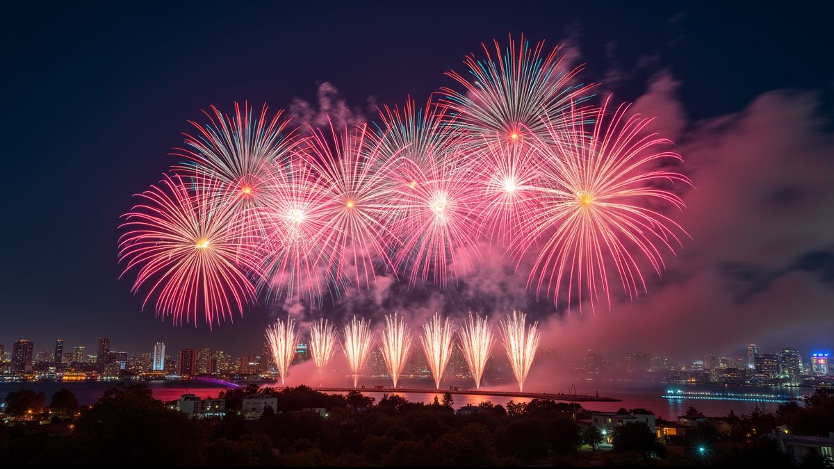 Vuurwerk boven een levendige stad