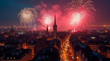 Vuurwerk boven Belgische stad met feestende mensen