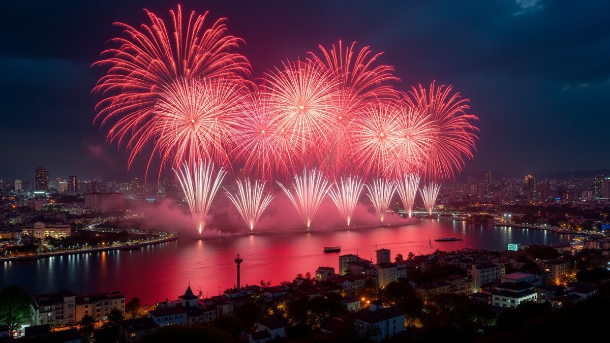 Vuurwerk boven een levendige stad
