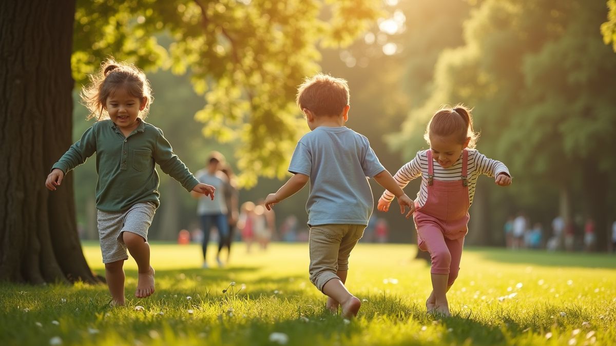 Warme, zonnige dag in het park met kinderen die blote voeten spelen