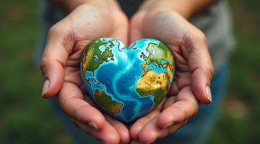 Wereld in hartvorm vastgehouden door diverse handen.