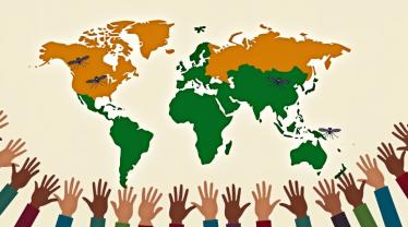 Wereldkaart met malaria-gevoelige regio's en verenigde mensen.