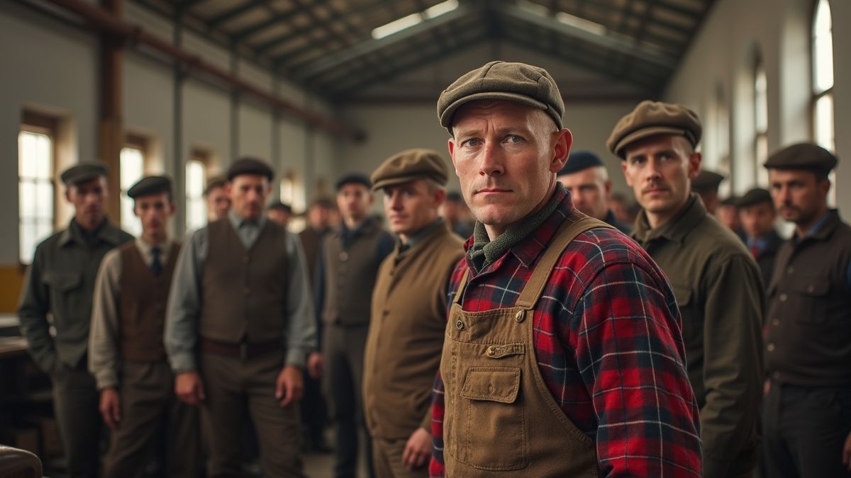 Werknemers in flanel tijdens de industriële revolutie.
