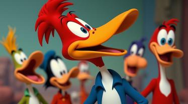 Woody Woodpecker lachend met klassieke tekenfilmfiguren op de achtergrond