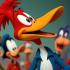 Woody Woodpecker lachend met klassieke tekenfilmfiguren op de achtergrond