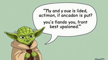 Yoda die praat met zijn unieke zinsstructuur.
