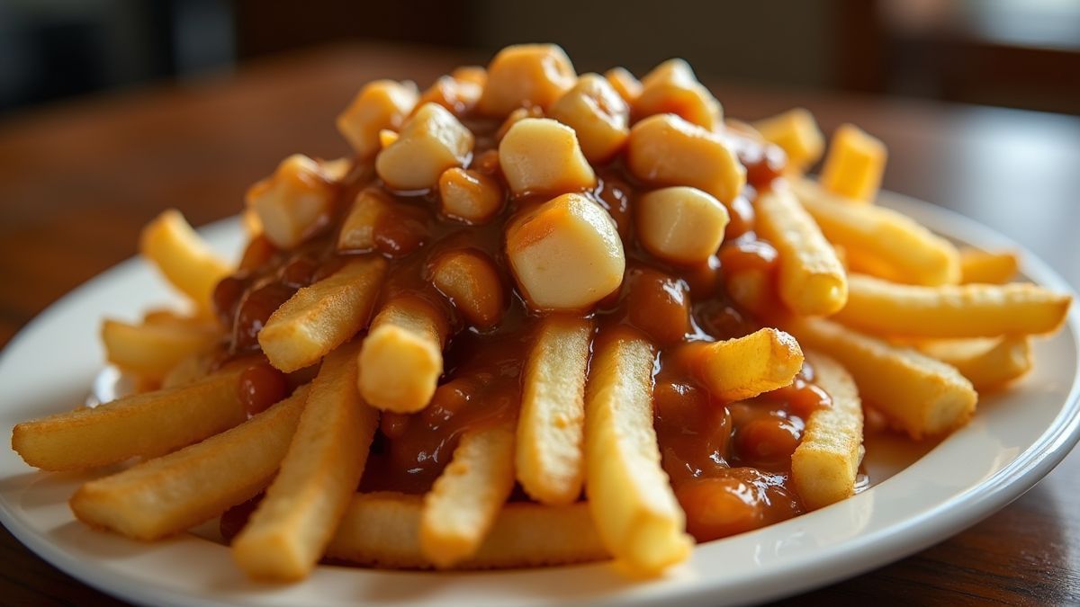 Zelfgemaakte poutine met frieten, kaasstukjes en jus