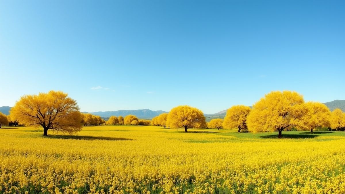 Zicht op een veld vol bloeiende gouden wattle bomen onder een blauwe lucht.