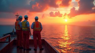 Diverse zeelieden op het dek van een schip tegen een prachtige oceaan