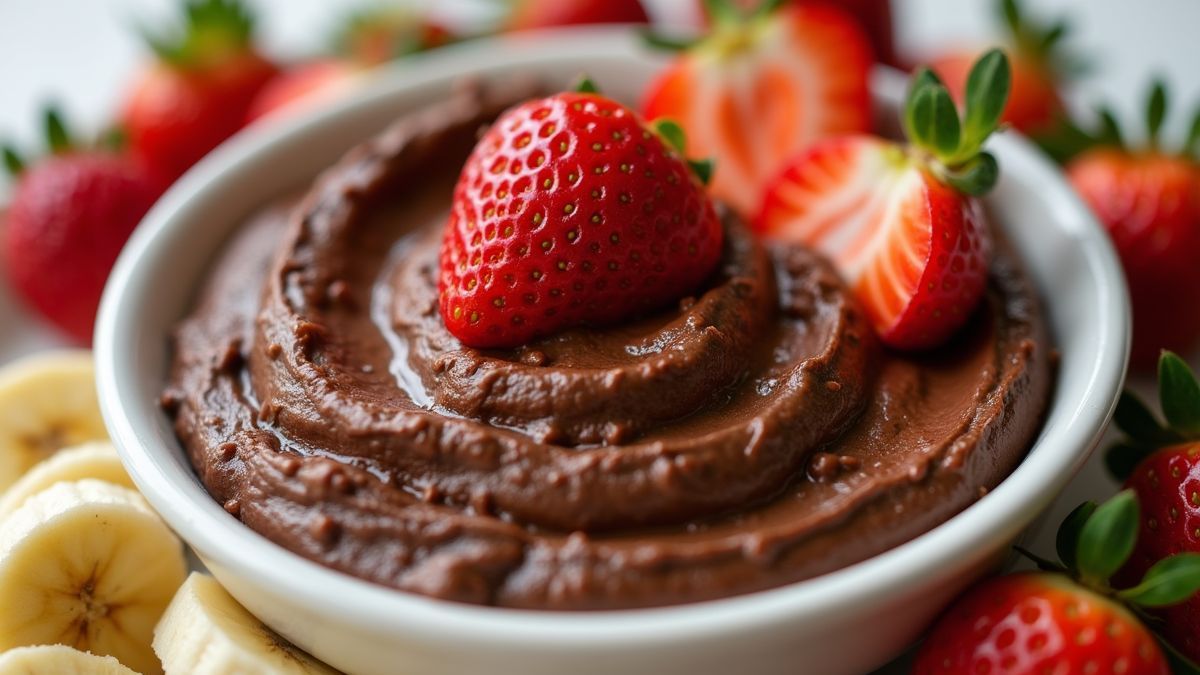 Zoete hummus geserveerd met fruit.