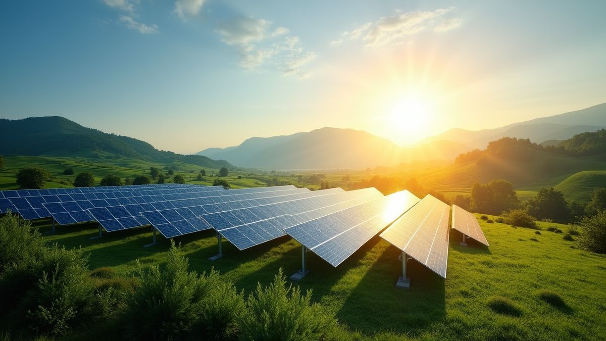 Zonnepanelen in een groen landschap met zonnestralen